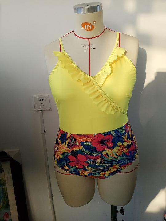 Damen Einteiler Badeanzug mit asymmetrischem Rüschendesign und floralem Hosenbereich EB