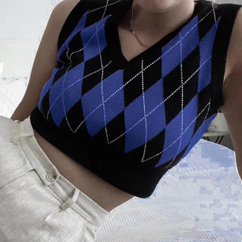 Damen cropped Stricktop mit modernem Rautenmuster EB