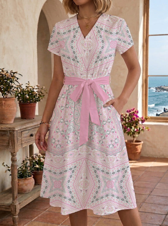 Damen Midikleid mit floralem Motiv und Taillengürtel EB