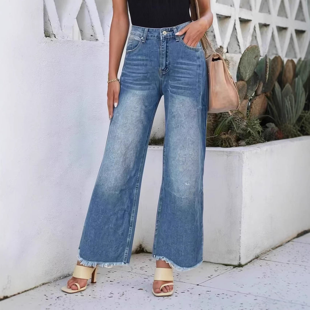 Damen weite Denim-Jeans mit kreativem Muster und fransigem Saum EB