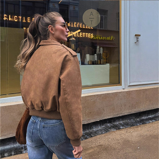 Damen lässige Kurzjacke mit voluminösen Ärmeln und Reißverschluss EB