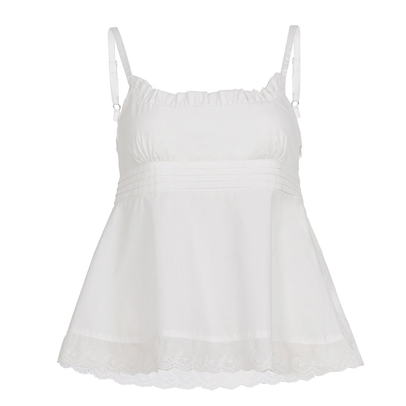 Damen luftiges Spitzen-Top mit Spaghetti-Trägern und romantischem Saum EB