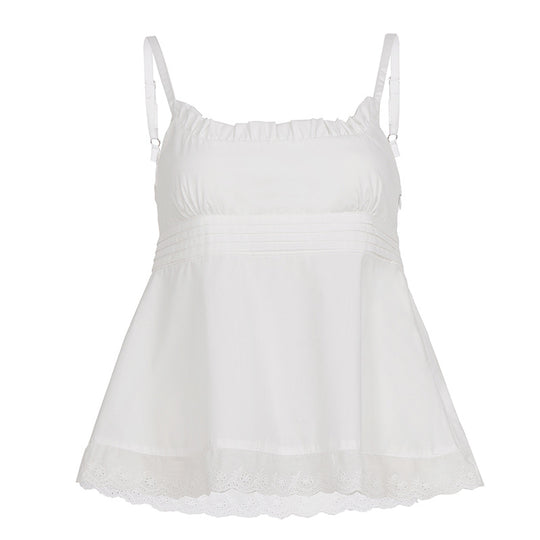 Damen luftiges Spitzen-Top mit Spaghetti-Trägern und romantischem Saum EB
