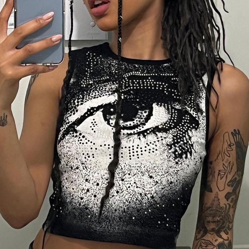 Damen Cropped Tanktop mit strahlendem Augenmotiv und glitzernden Akzenten EB