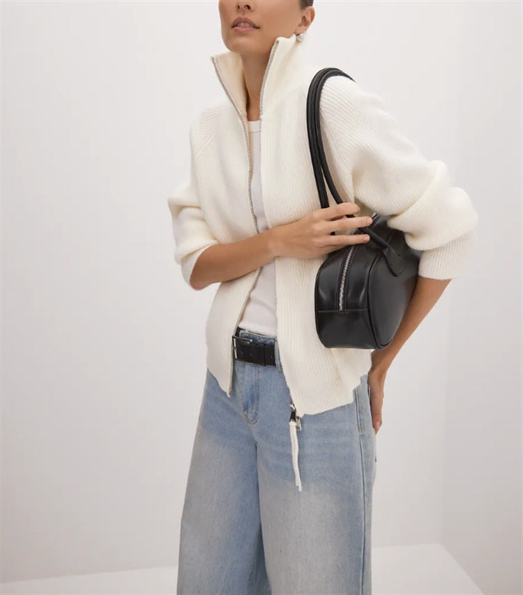 Damen Strickjacke mit hohem Kragen und Reißverschluss EB