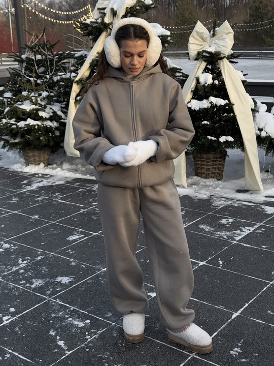 Damen Komfort-Kapuzen-Zipjacke mit verdecktem Reißverschluss, Kängurutasche und gerader Sweat-Hose EB