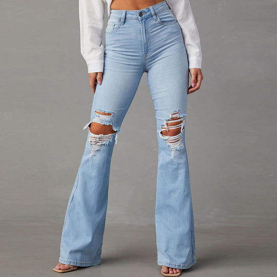 Damen Flared Jeans mit ausgefranstem Saum und verwaschenem Effekt EB