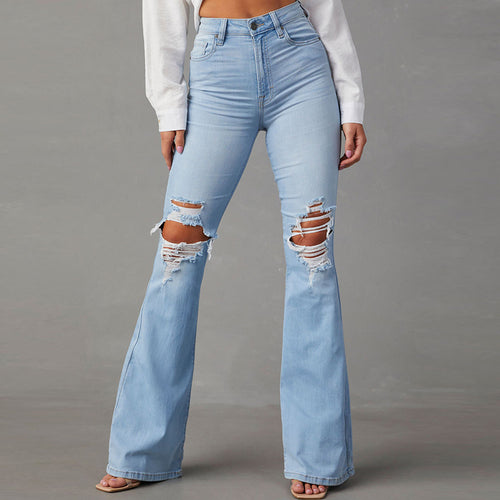 Damen Flared Jeans mit ausgefranstem Saum und verwaschenem Effekt EB