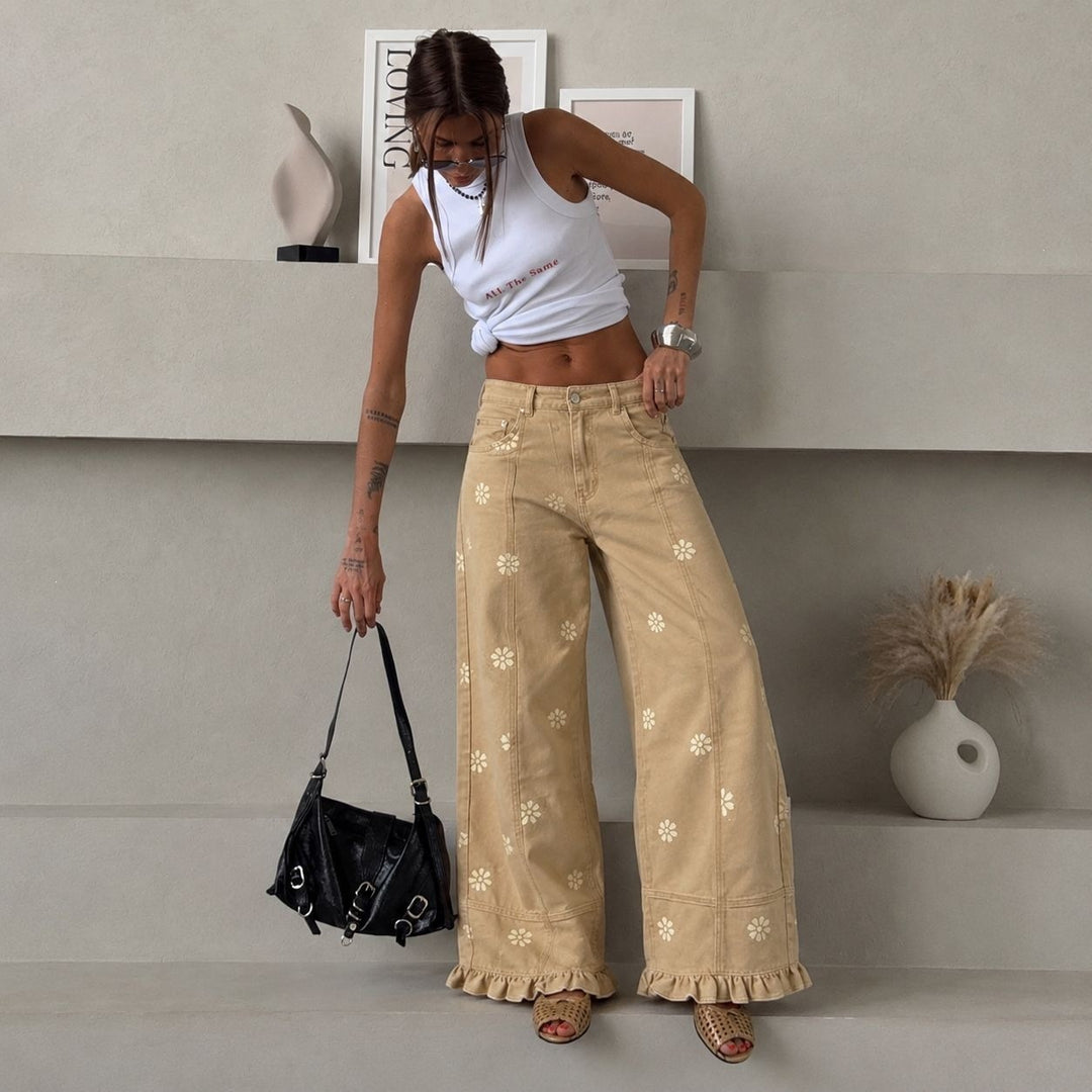Damen weite Denimhose mit Gänseblümchen-Print, hohem Bund und Rüschenabschluss Eichborn Berlin