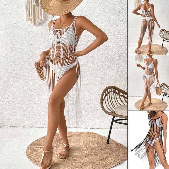 Damen Häkel-Strandüberwurf mit modischem Fransen-Design EB
