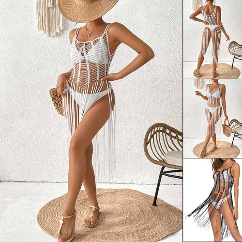Damen Häkel-Strandüberwurf mit modischem Fransen-Design EB