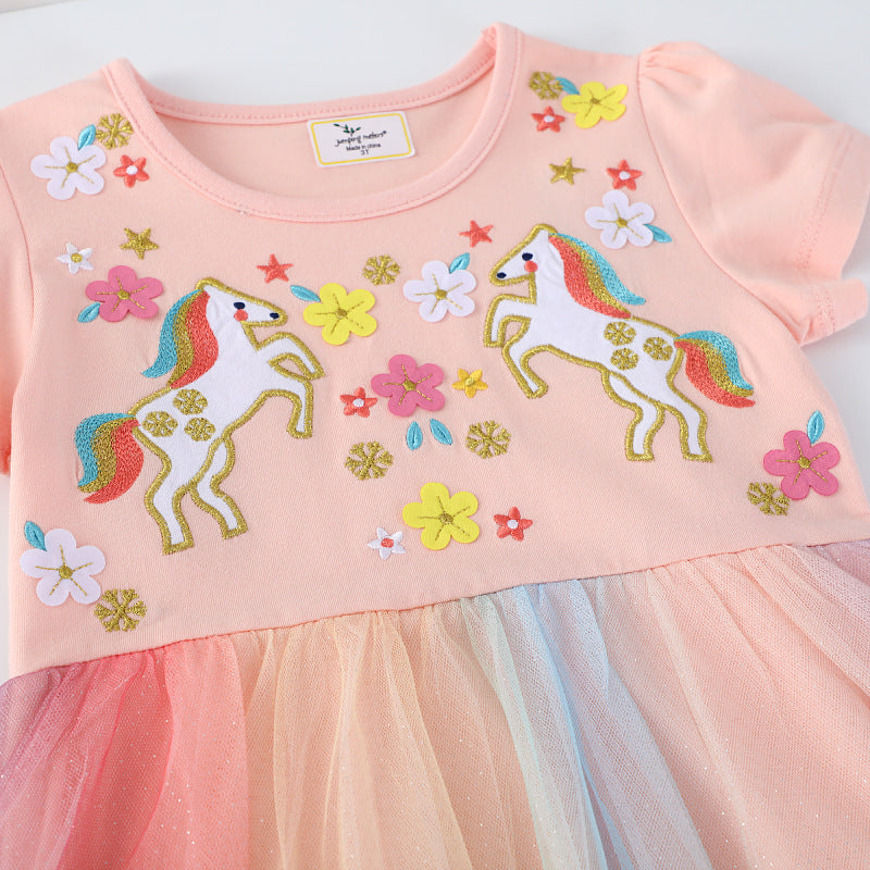 Mädchen Tüllkleid mit Einhorn-Stickerei und bunten Applikationen EB