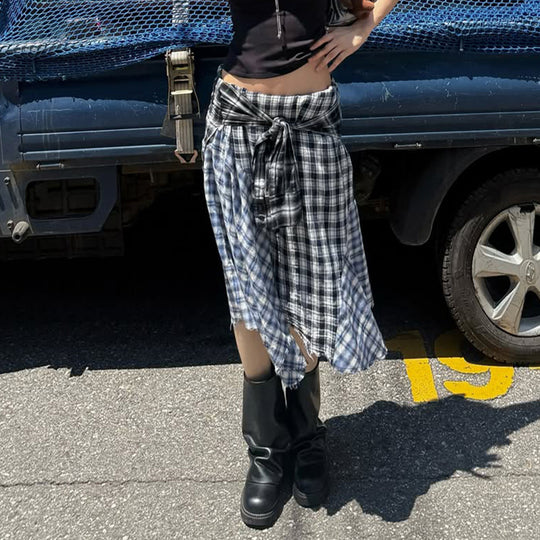 Damen asymmetrischer karierter Rock mit Bindegürtel EB