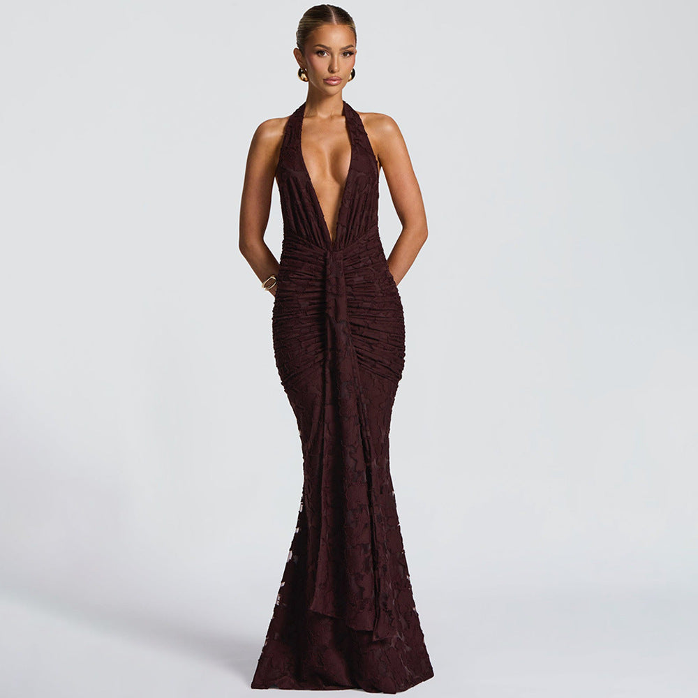 Damen Elegantes Maxikleid mit tiefem V-Ausschnitt und strukturierter Raffung EB