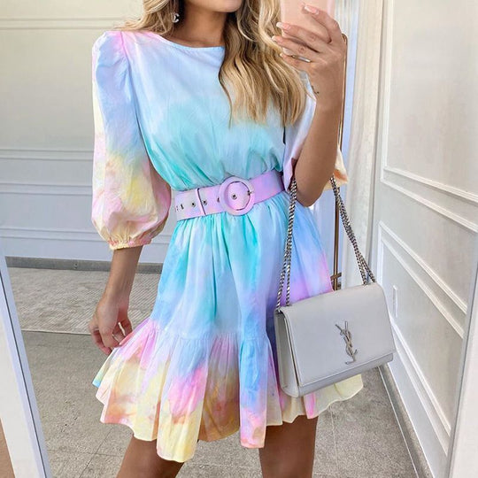Damen modernes Boho-Kleid mit strukturiertem Volant und Taillengürtel EB