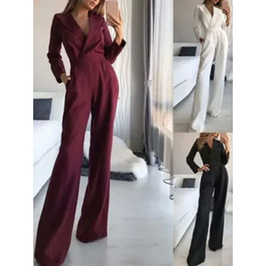 Damen eleganter Jumpsuit mit langem Bein und klassischem Schauspielkragen EB
