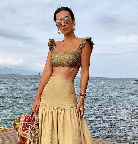 Damen Crop-Top und Rock Set mit Rüschen und floralem Muster EB