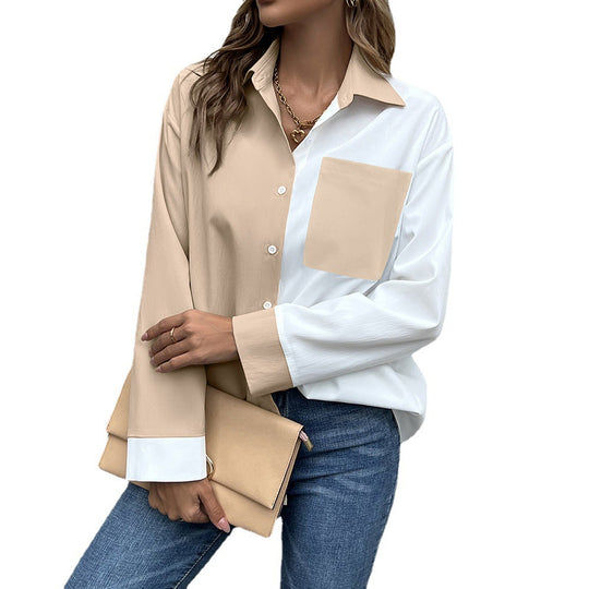 Damen Elegante Oversized Bluse mit Kontrastpaten EB