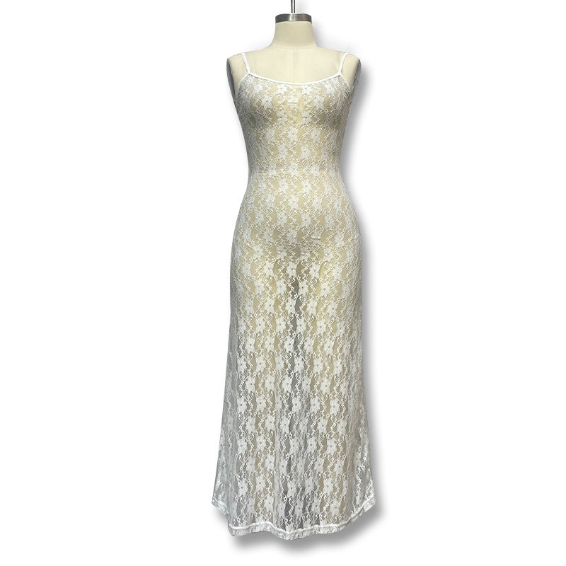 Damen Spitzen-Maxikleid mit schmalen Trägern und eleganter Silhouette EB