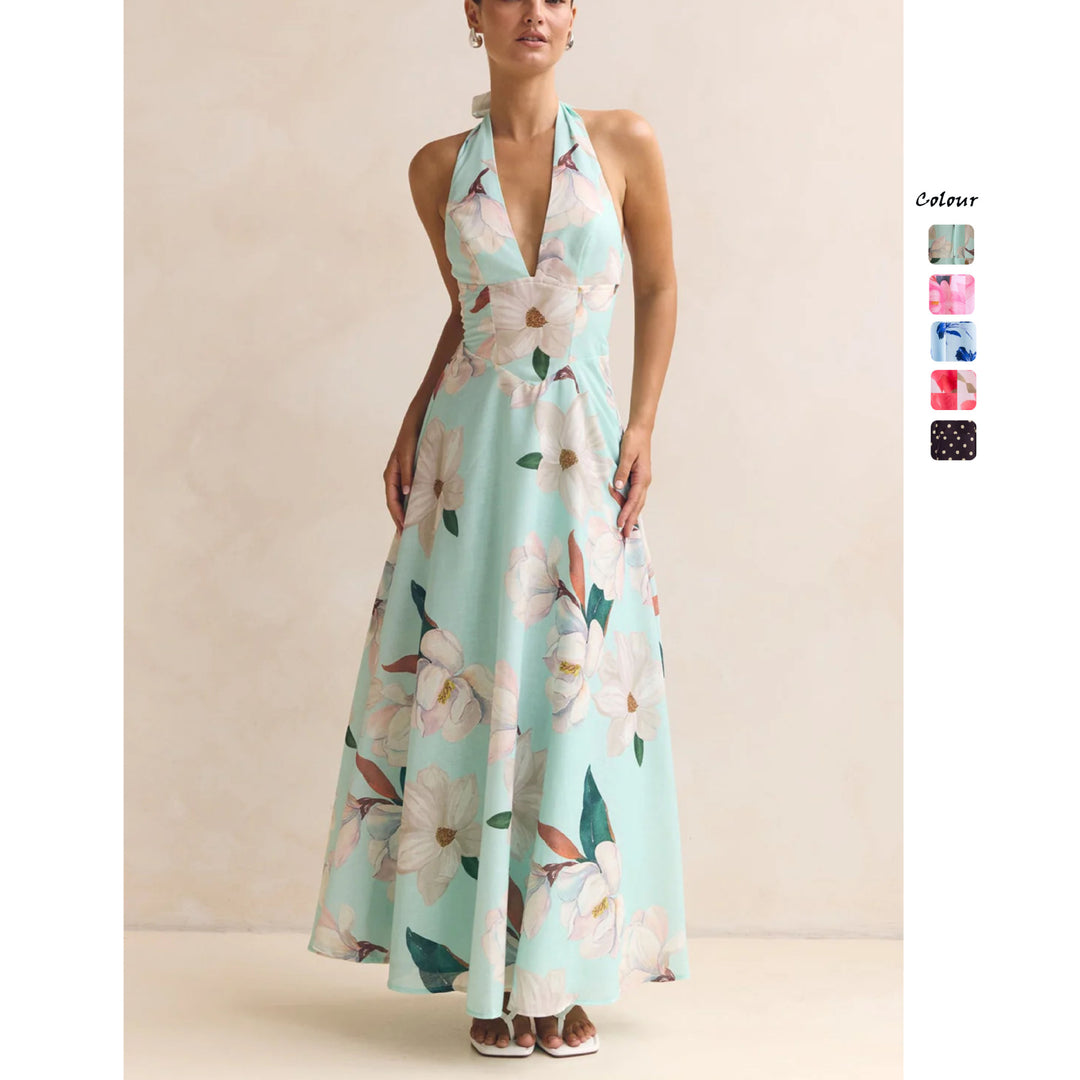 Damen Maxikleid mit tiefem V-Ausschnitt und floralen Akzenten EB