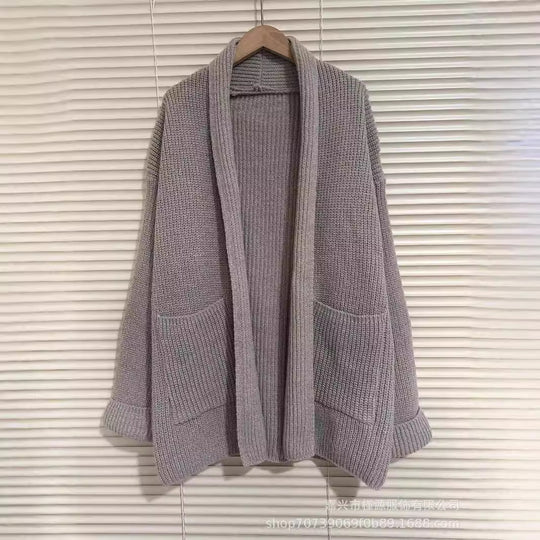 Damen Grobstrick Cardigan mit eleganten Revers und Taillengürtel EB