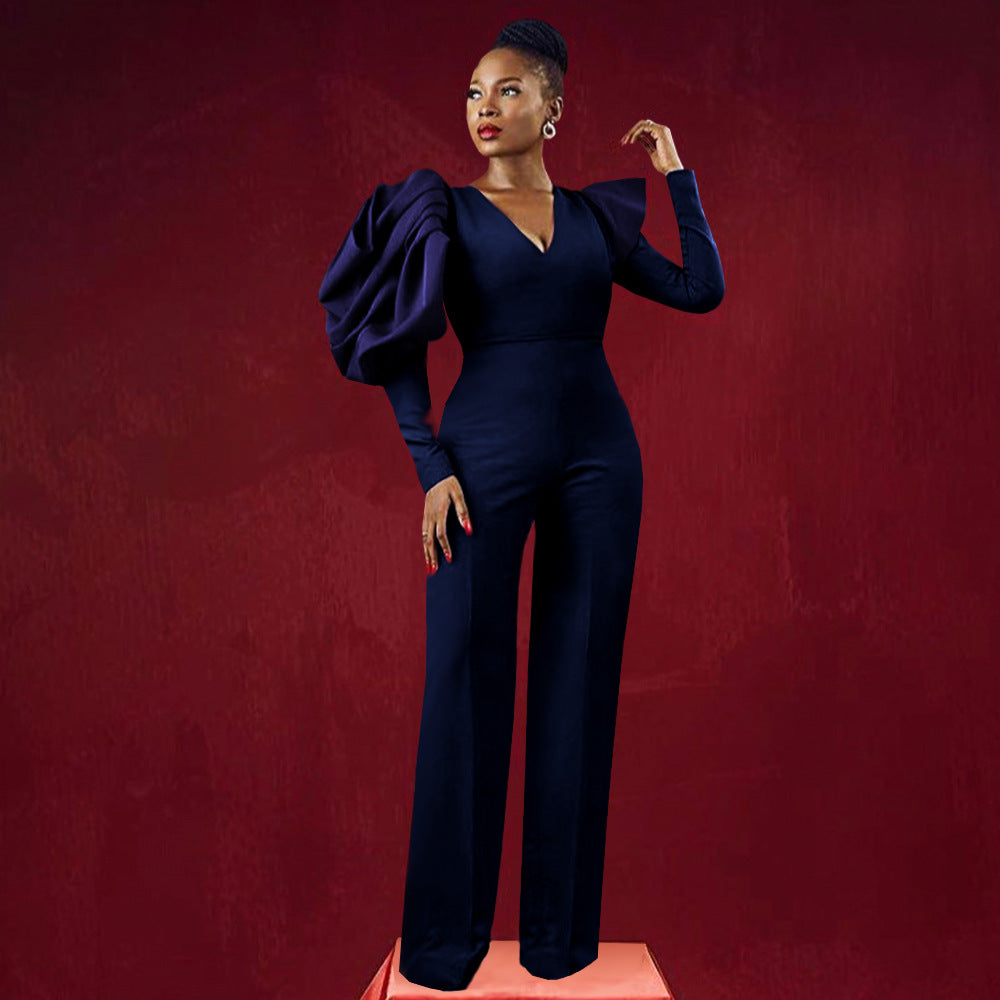 Damen Eleganter Jumpsuit mit dramatischen Puffärmeln und figurbetontem Schnitt EB