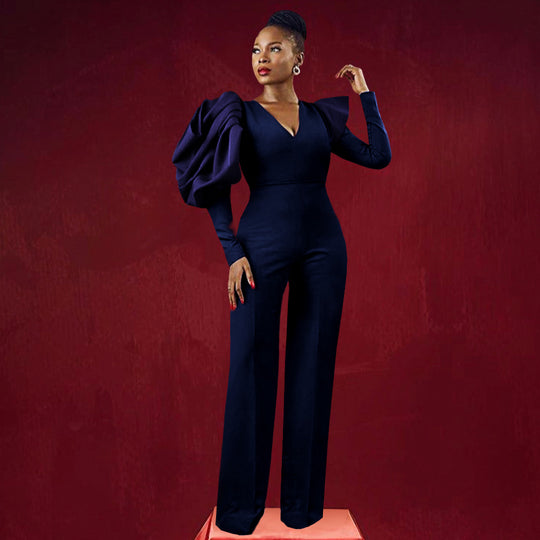 Damen Eleganter Jumpsuit mit dramatischen Puffärmeln und figurbetontem Schnitt EB