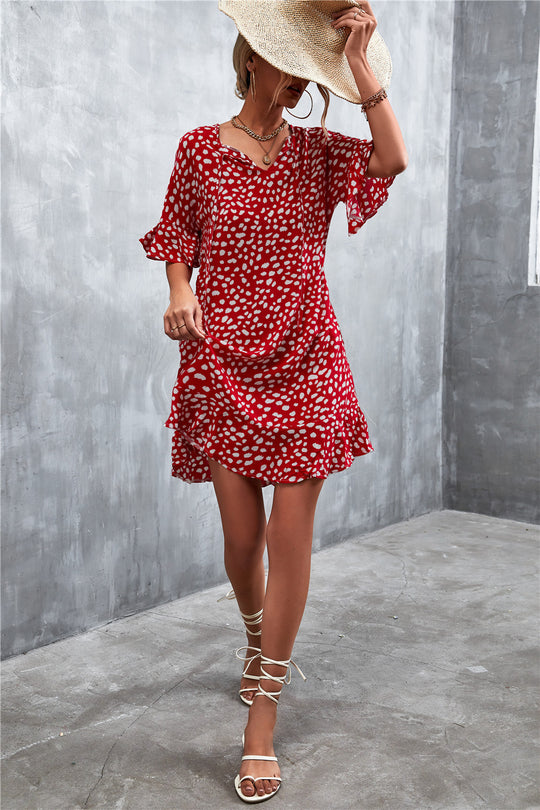 Damen lässiges V-Ausschnitt Sommerkleid mit voluminösen Ärmeln EB