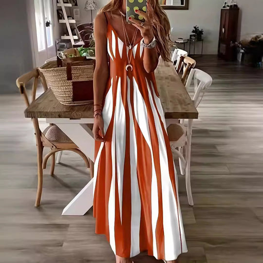 Damen Maxikleid mit raffiniertem Streifenmuster und tiefem V-Ausschnitt Heidi-Mode