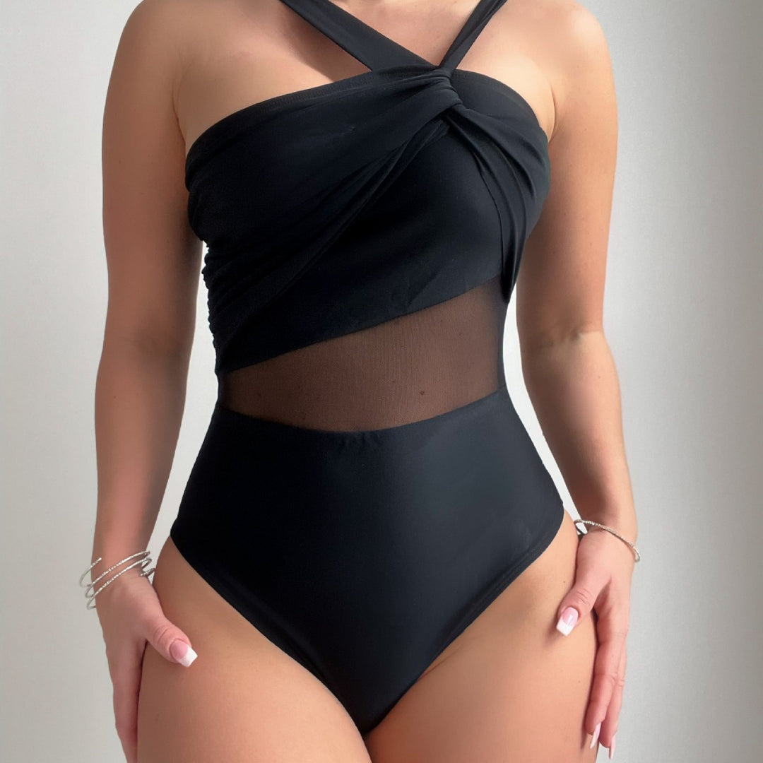 Damen Eleganter Einteiler Badeanzug mit Modernem Stoffmix EB