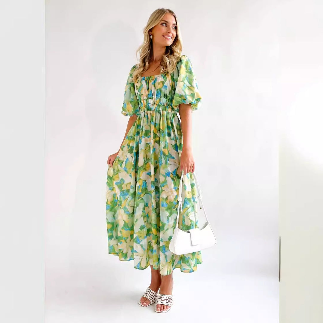 Damen Off-Shoulder Maxikleid mit floralen Mustern und elastischem Bund EB
