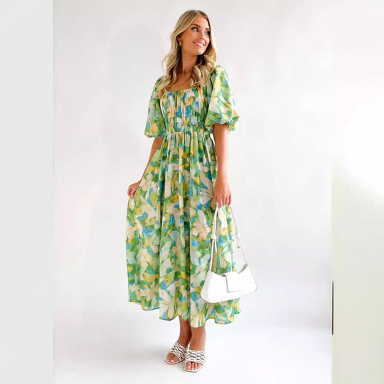 Damen Off-Shoulder Maxikleid mit floralen Mustern und elastischem Bund EB