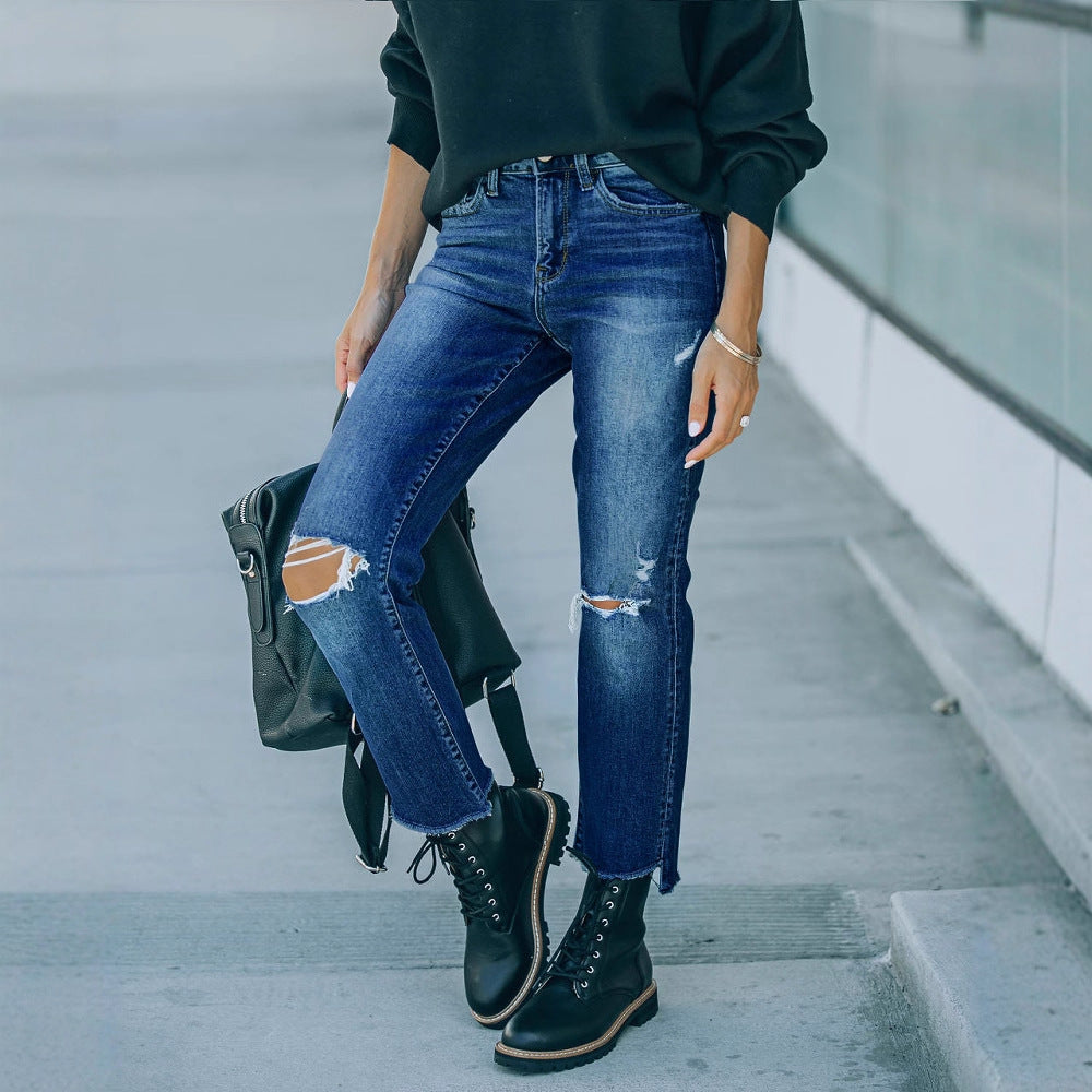 Damen Mom-Jeans im lässigen Used-Look mit modischen Rissen EB