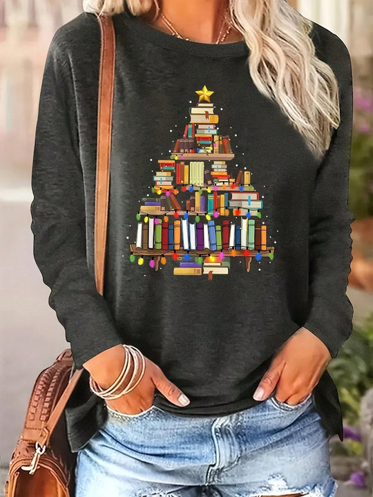 Damen lässiges Langarm-Oberteil mit festlichem Bücher-Motiv EB