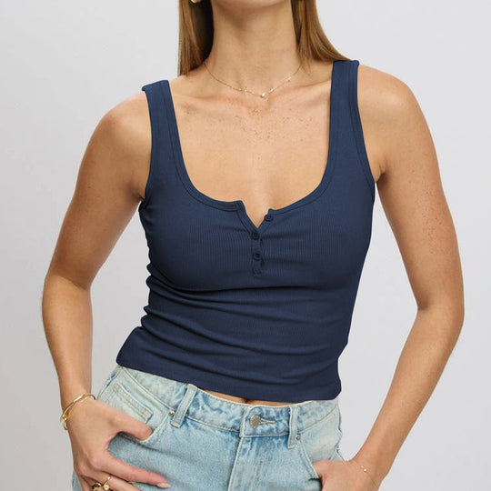 Damen körperbetontes Ripp-Top mit Knopfleiste und weitem Ausschnitt EB