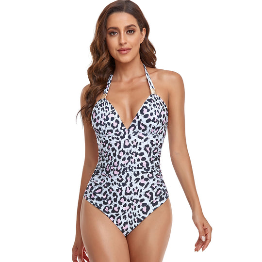Damen einteiliger Badeanzug mit elegantem V-Ausschnitt und floralen Akzenten EB
