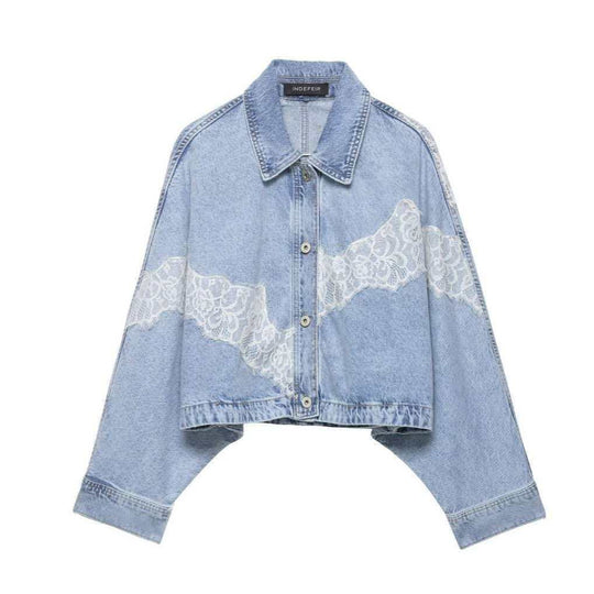 Damen nan oversized Denimjacke mit Spitzenbesatz, kastigem Cropped-Schnitt und überschnittenen Ärmeln EB