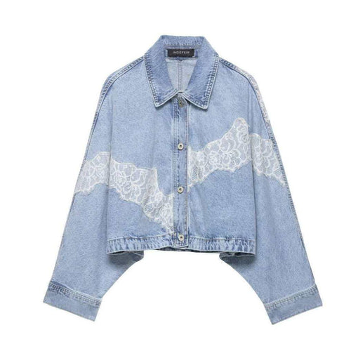 Damen nan oversized Denimjacke mit Spitzenbesatz, kastigem Cropped-Schnitt und überschnittenen Ärmeln EB