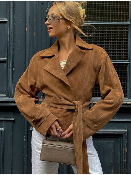 Damen Übergangsjacke im modernen Wildleder-Look mit Taillengürtel und weit geschnittenen Ärmeln EB