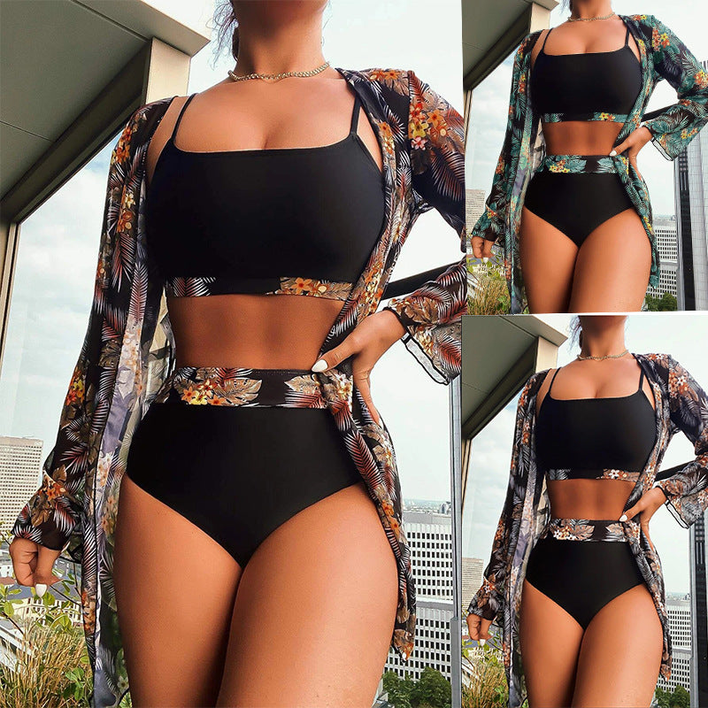 Damen Bikini-Set mit hochgeschnittenem Höschen und floralem Kimono EB