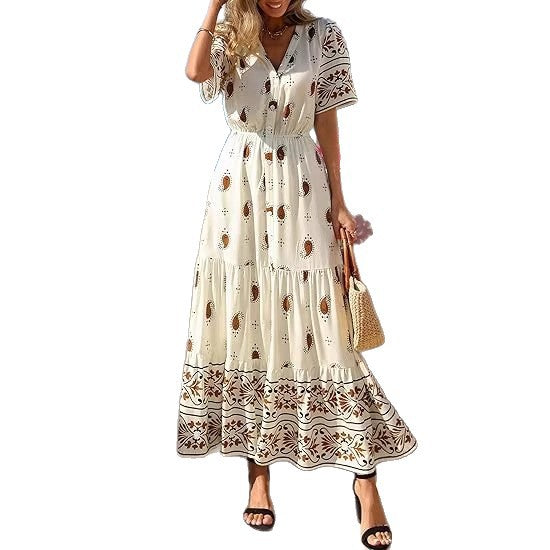 Damen Boho Maxikleid mit floralen Prints und Taillengürtel EB