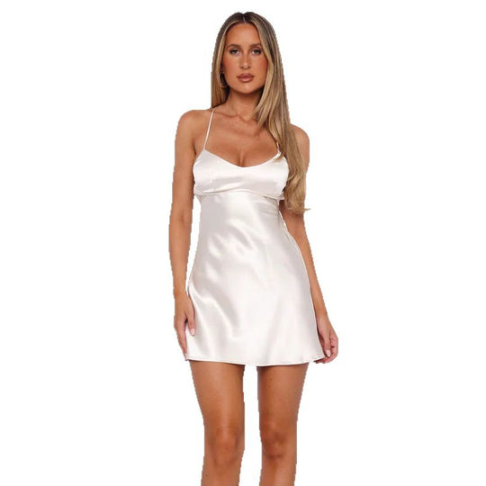 Damen elegantes Satin-Cocktailkleid mit verstellbaren Spaghetti-Trägern und fließendem Schnitt EB