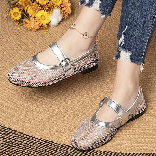 Damen Atmungsaktive Mary‑Jane‑Ballerinas mit Netz‑Mesh‑Obermaterial und verstellbarem Schnallenriemen EB