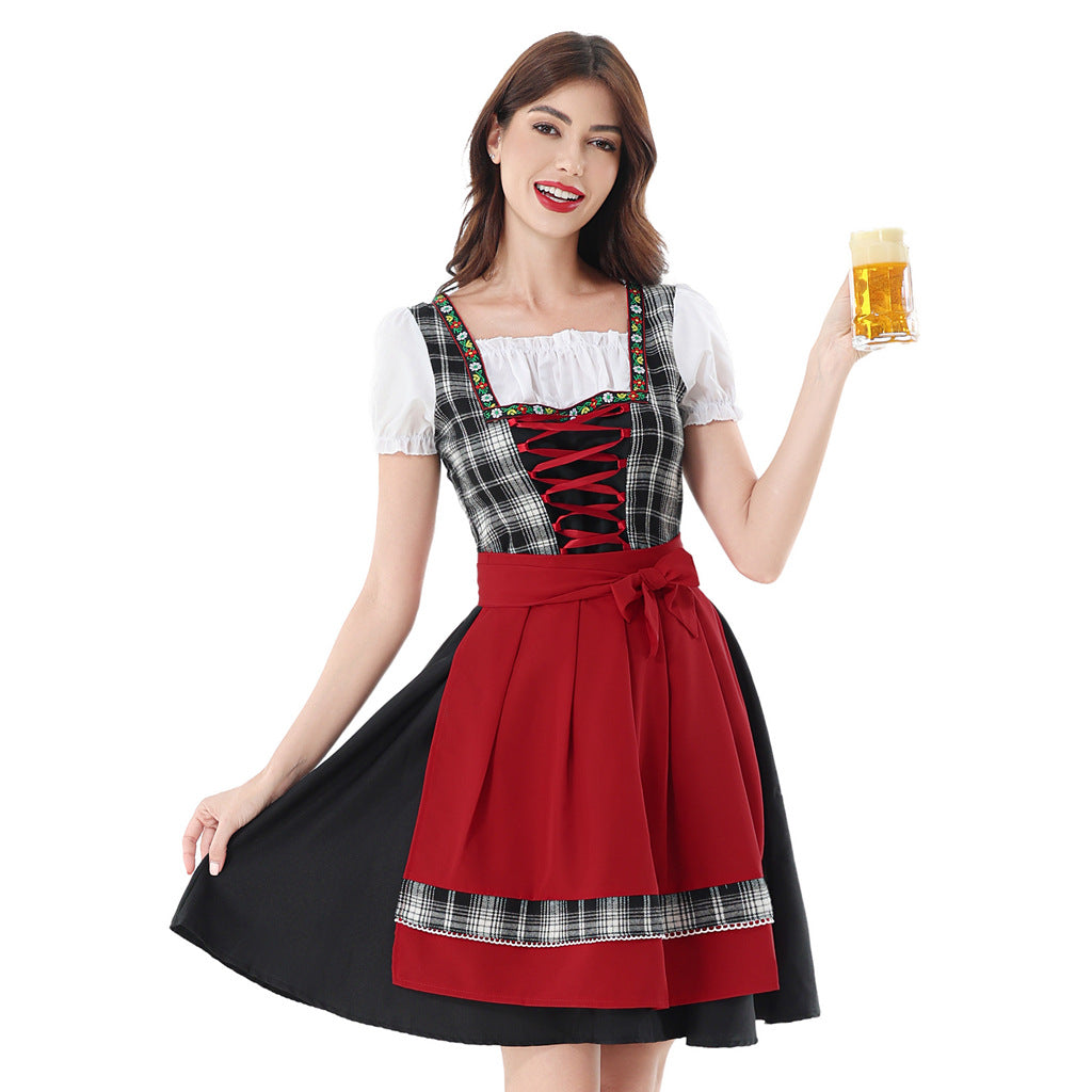 Damen nan traditionelles Dirndlkleid mit kariertem Mieder, Schnürung, Puffärmeln und Schürze EB