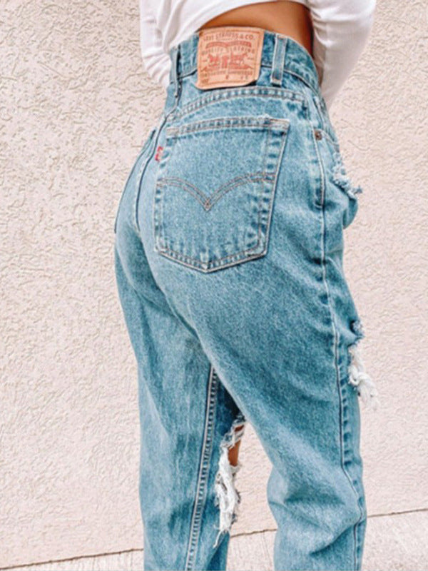 Damen Hochtaillierte Ripped Jeans mit fransigen Details EB
