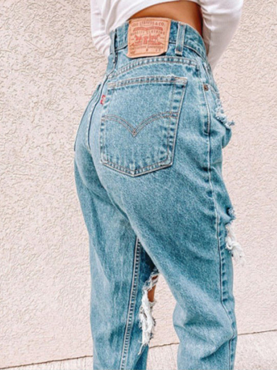 Damen Hochtaillierte Ripped Jeans mit fransigen Details EB