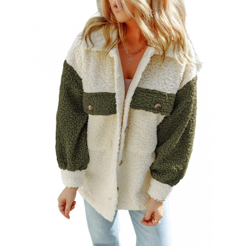 Damen kuschelige Teddyjacke mit praktischen Brusttaschen EB