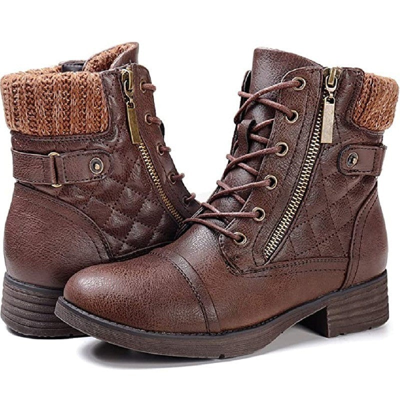 Damen nan gequiltete Schnür-Bikerboots mit seitlichem Reißverschluss, gepolstertem Schaft und robustem Profilsohle EB