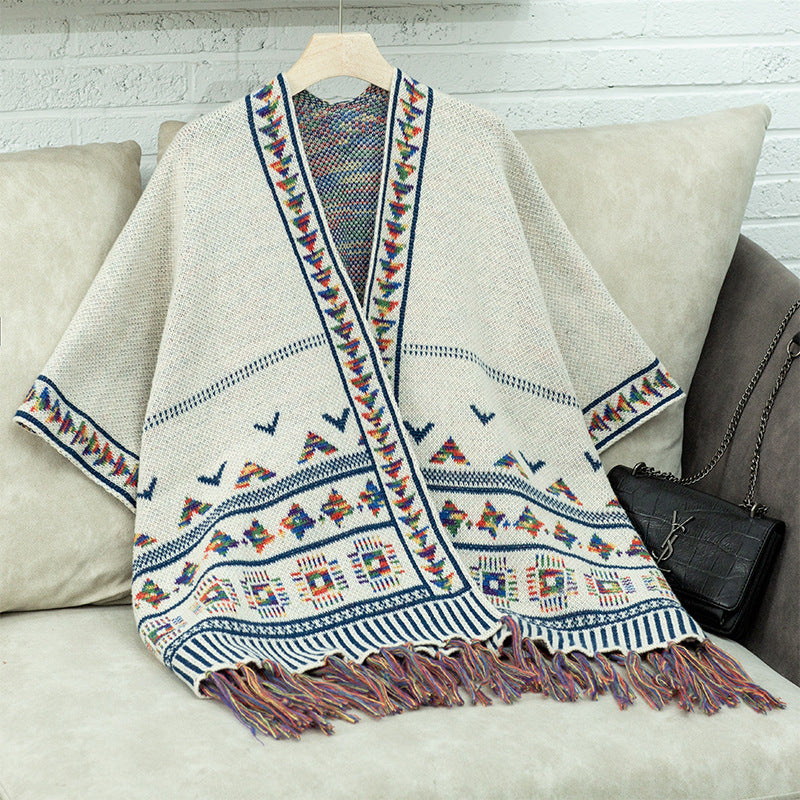 Damen stilvolle Poncho mit buntem Ethnomuster EB