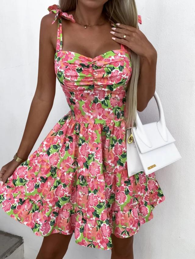 Damen Sommerliches Blümchenkleid mit taillierten Rüschendetails EB